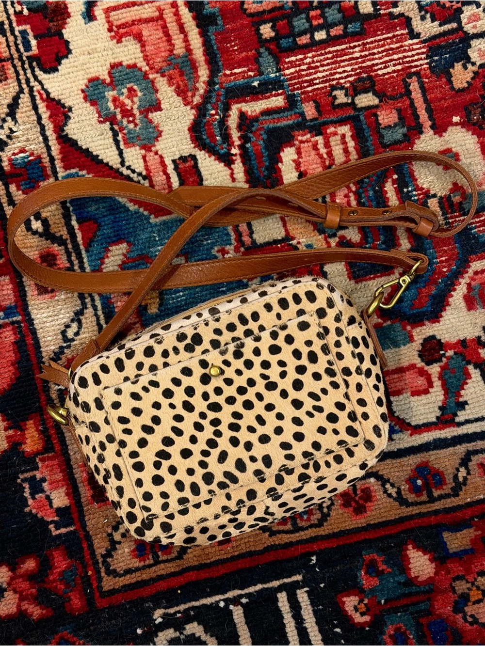 Madewell Black and Tan Spotted Animal Print Crossbody Camera Bag